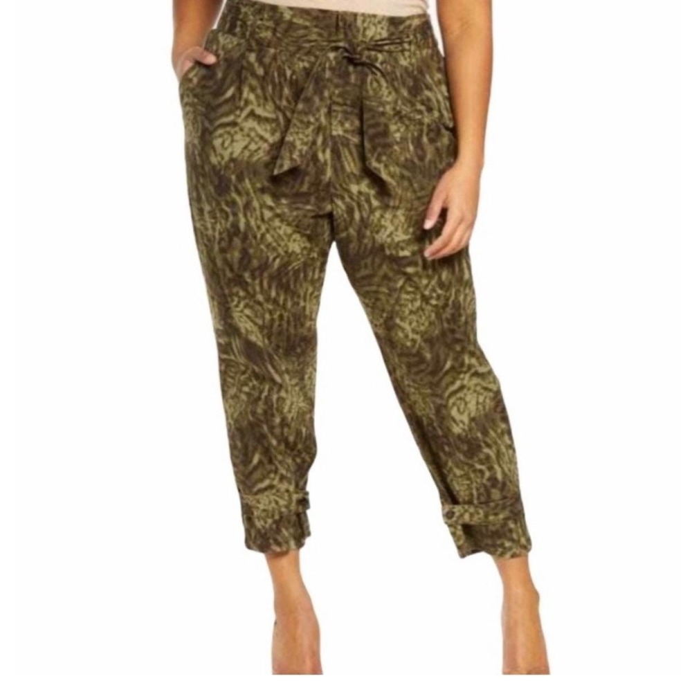 Good American‎ Animal Print High Waist Barrel Capri Pants Jungle Green Size 8/29
